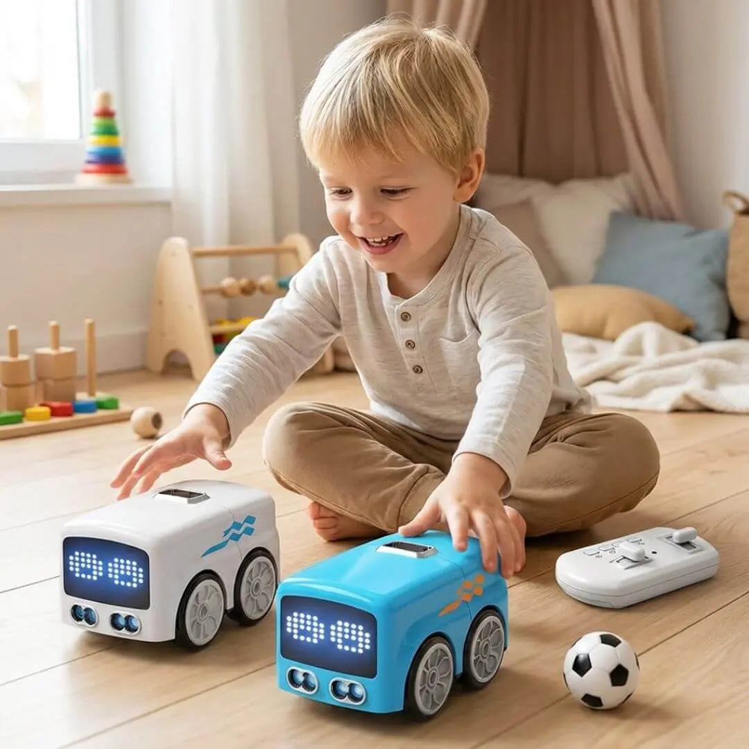 Kid playing with blue and white Magic Buses