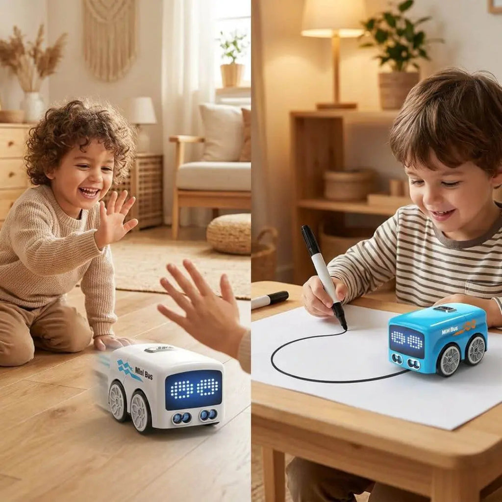 Child drawing a line and the bus following it