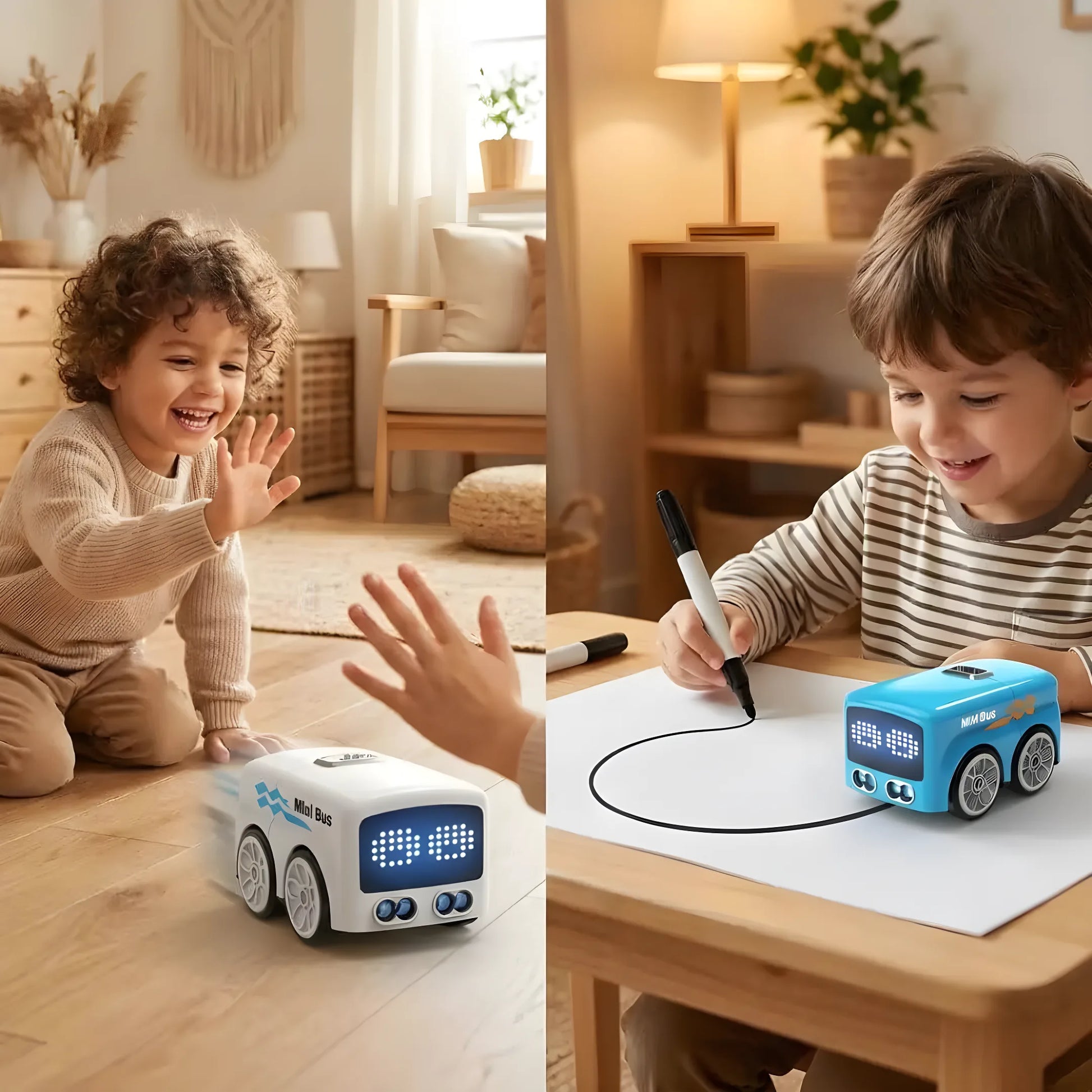 Child drawing a line and the bus following it